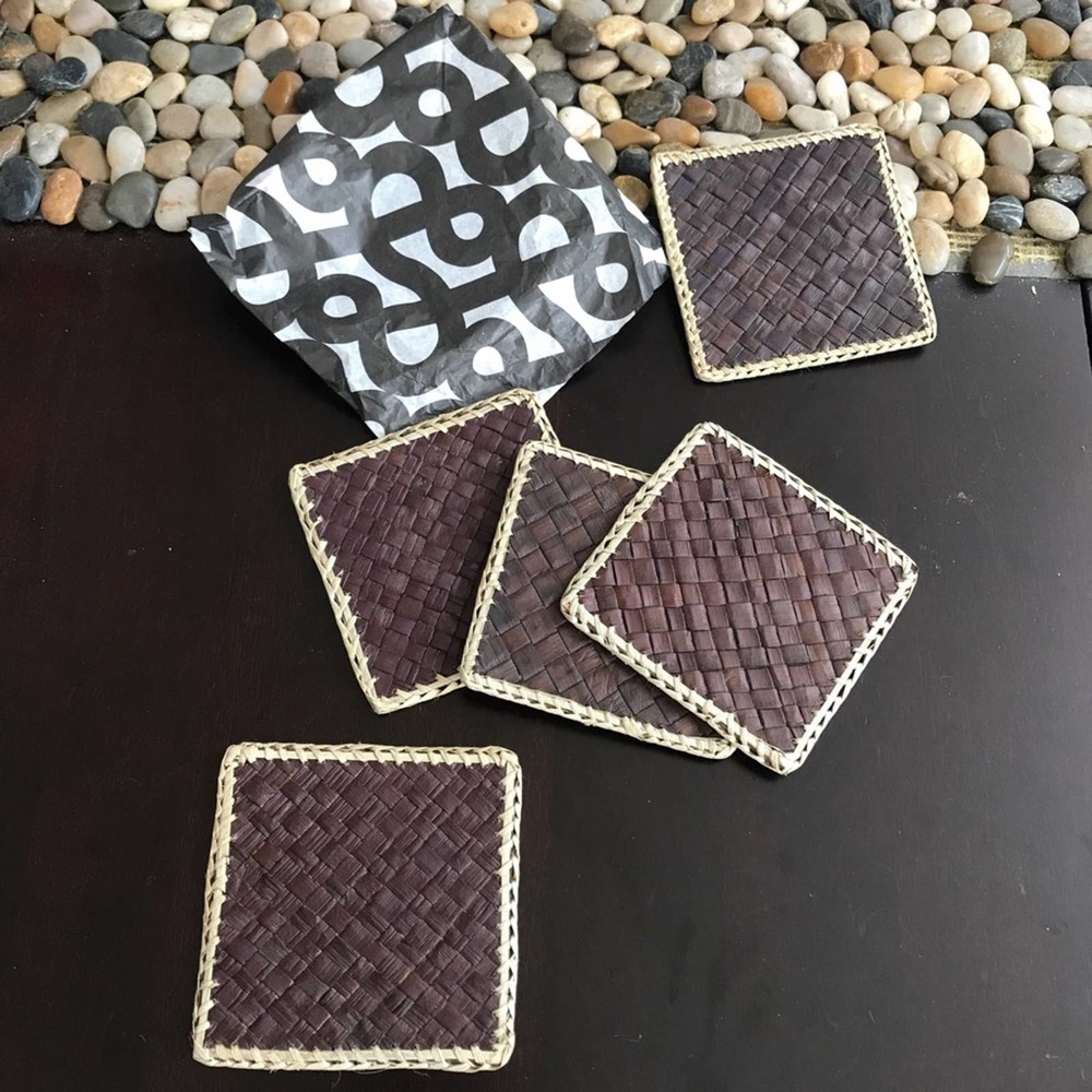 Crate and Barrel Woven Square Mod Coasters Set NEW Neutral Rattan Cream Espresso